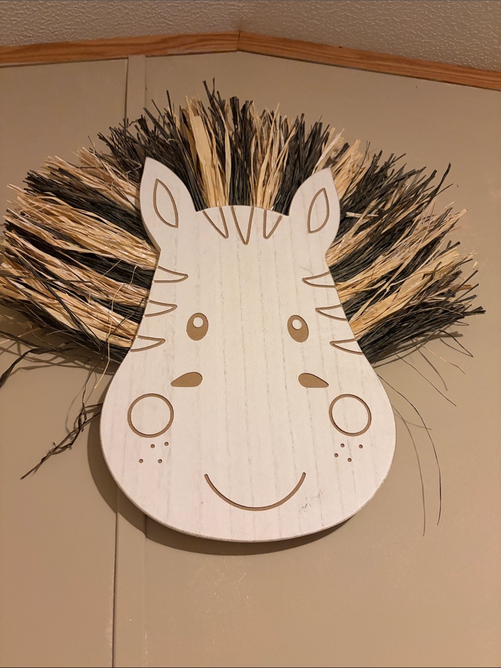 Wooden Zebra Wall Art with Natural Raffia Mane - White & Tan